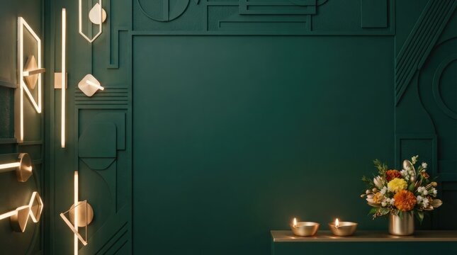 Minimalist dark green textured wall with gold geometric frame and brass lamps for luxury product display background.