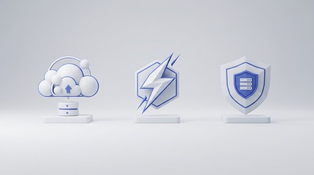 3D Cloud Upload Lightning Bolt Security Shield Icon Set White Pedestal Blue Glass Accents Website UI UX