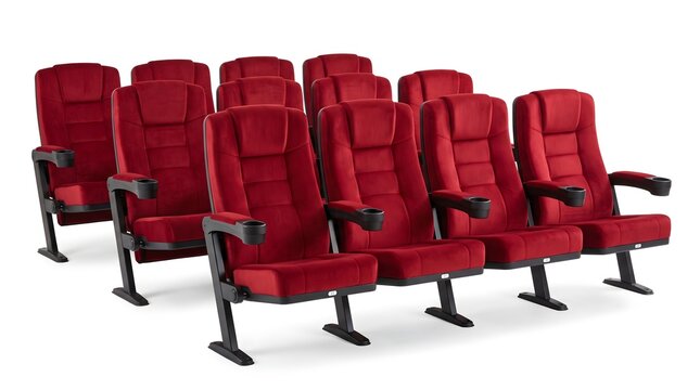 Rows of empty red velvet cinema seats in a dark movie theater with theater chairs auditorium seating row of seats cinema hall entertainment venue