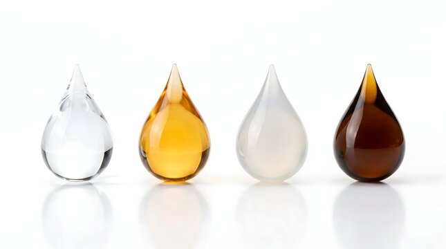 Four colorful cosmetic or chemical liquid drops in glass droplet shapes on a white background with cosmetic serum droplet shape oil drops chemistry