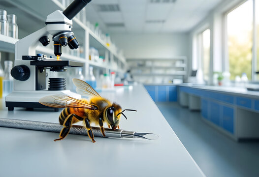 Pollination research and environmental science, honey bee on laboratory tool with microscope for agricultural biotechnology and ecosystem health study