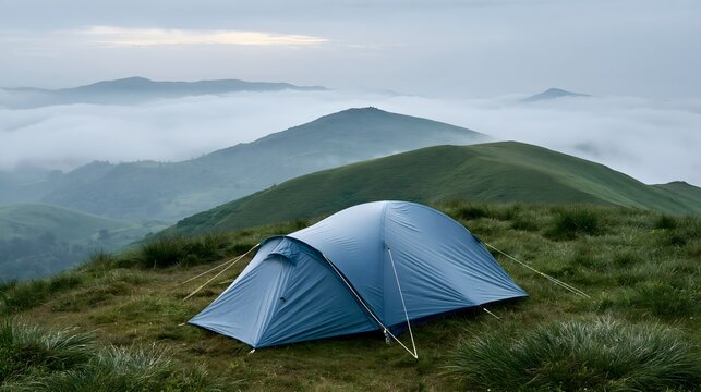 scenic mountain camping tent on a lush green hilltop overlooking misty mountains and rolling clouds, fresh wet grass, overcast sky, peaceful wilderness atmosphere, realistic outdoor travel