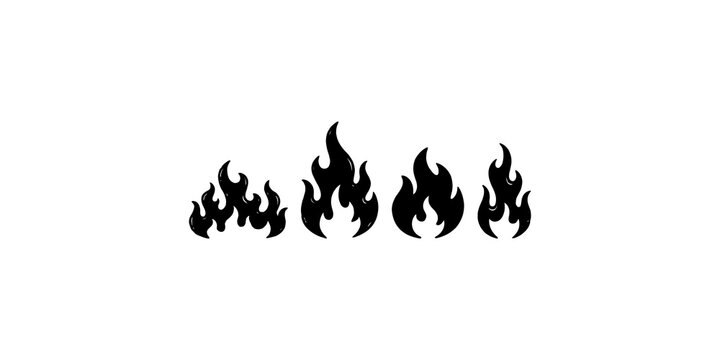 Fire flame icon collection black flat graphic elements for energy danger warning and campfire design projects.