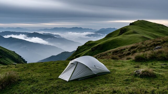 wide panoramic mountain camping scene with a solitary tent overlooking endless layers of mist covered peaks, lush green meadow, dramatic cloudy atmosphere, premium destination travel photography