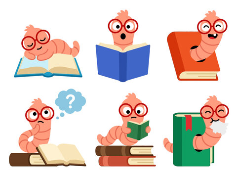 Cute Cartoon Bookworm Character Set with Glasses Reading Books, Educational Vector Illustration for Library and School