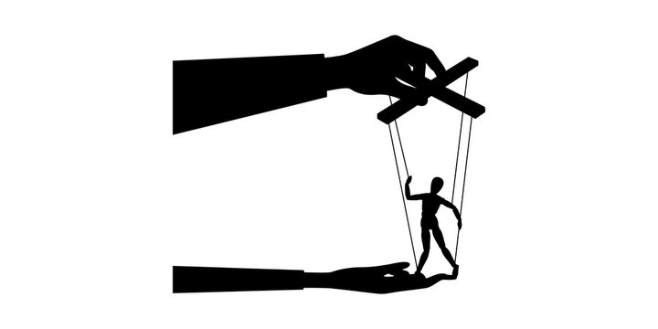 Puppet master controlling wooden mannequin hand illustration represents manipulation and power over human choices.