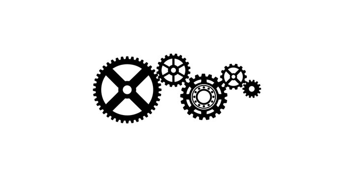 Connected mechanical gears in black silhouette representing teamwork and industrial process flow and system.