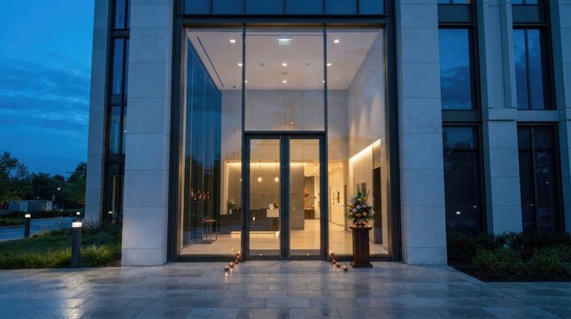 Modern corporate office building entrance decorated with glowing oil lamps during evening for festive indian culture.