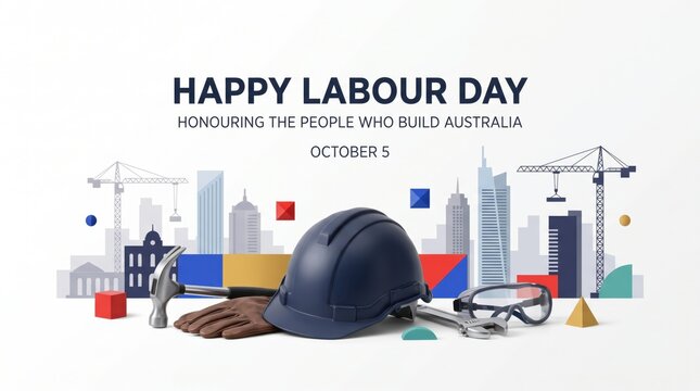 Happy labour day illustration with construction tools and city skyline