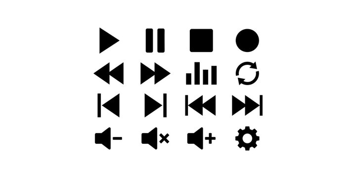 Media control set featuring playback pause stop record skip sound volume and settings in simple black style.
