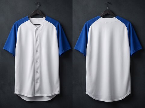 Blank baseball jersey mockup front and back view with white body and blue raglan sleeves hanging on hangers