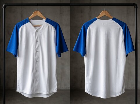 Front and back view of a blank white baseball jersey with blue raglan sleeves hanging on a wooden hanger against a dark concrete wall background
