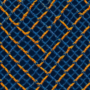 Close up of overlapping blue and orange nylon fishing net forming a geometric grid pattern texture