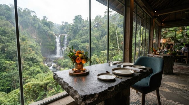 Stone table featuring orange marigold flowers and burning oil lamps overlooking tropical waterfall through glass walls.