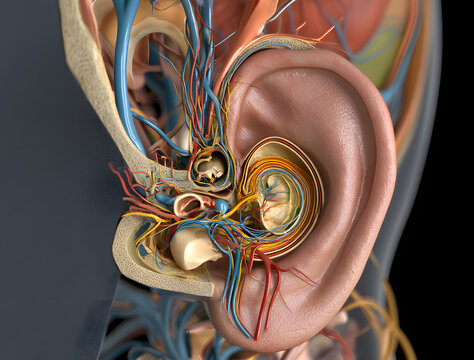 Detailed 3D medical illustration shows the human ear and its head cross section. The internal anatomy includes the ear canal, auditory ossicles, cochlea, and a complex vascular system. Visible are the
