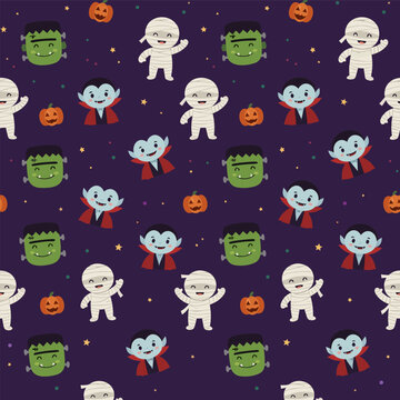 Seamless Halloween monster and mummy character pattern with bats, pumpkins, vampires, and Frankenstein faces in playful vector illustration