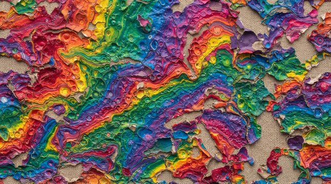 Vibrant peeling paint layers form a colorful abstract texture