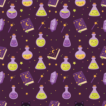 Seamless vector pattern of magical potion bottles, crystal gems, spell books, stars and moon icons on a dark purple background