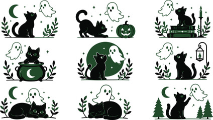 Obraz premium Halloween set of cute black cat and ghost illustrations