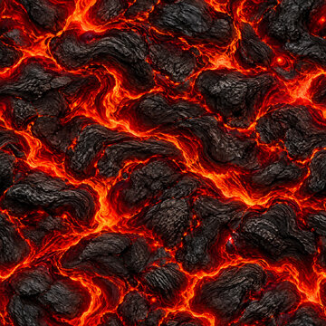 Molten lava texture with glowing orange magma flowing between dark volcanic rock fragments