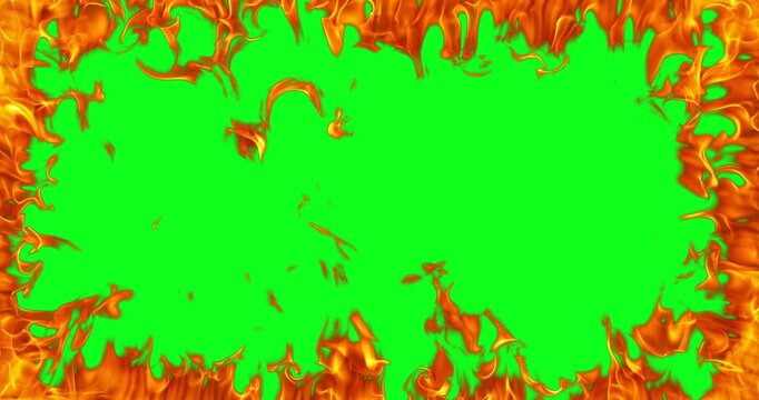 Ultra slow motion burning fire frame on green screen background captured at 1000 FPS. Dynamic flames surround the edges, creating a fiery chroma key overlay for visual effects.