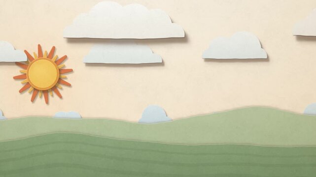 Paper cut clouds drifting over green hills with a slowly turning paper sun, handmade craft cartoon sky background with copy space, seamless loop