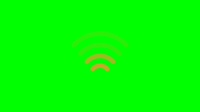 Seamless vector loop animation of a wireless Wi-Fi internet signal emitter radiating golden signal waves consecutively from inner to outer on green screen.
