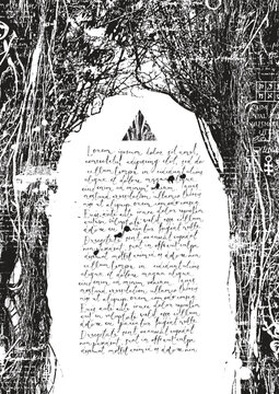 Mysterious Forest Grunge Background with Handwritten Manuscript and Copy Space for Posters, Book Covers, Border or frame. Invitations and Gothic Design