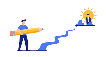 Obraz premium Business Path to Success Concept: Man Drawing a Road with a Large Pencil Towards a Professional Future and Career Goals, Flat Vector Illustration