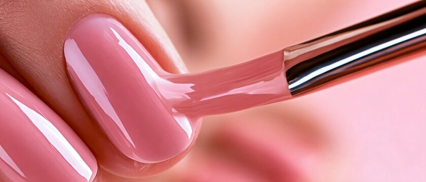 Applying pink gel nail polish with brush close-up manicure