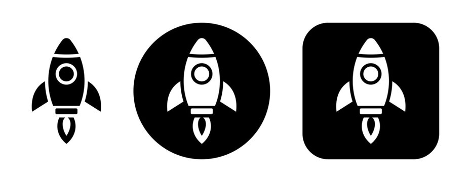 Rocket launch icon set featuring a rocket symbol in standalone, circular and rounded square styles for startup growth, business innovation, technology, entrepreneurship