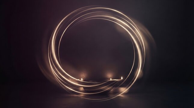 Abstract circular light trails forming glowing ring with centered diya lamps for spiritual event meditation backdrops.