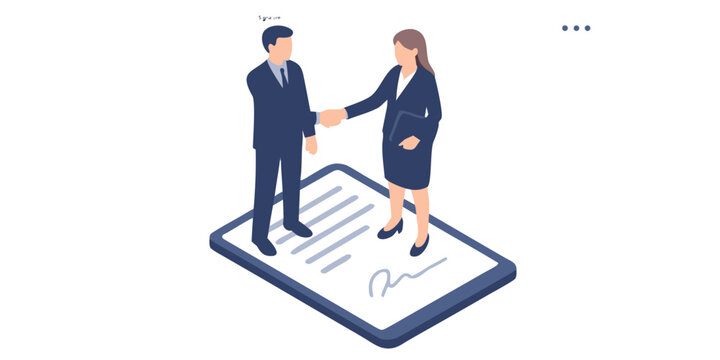 Isometric vector illustration depicts a business handshake over a tablet with a signature on a white background agreement contract negotiation partnership collaboration deal