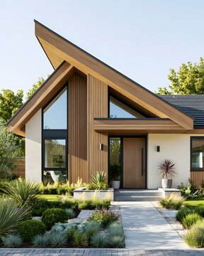 elegant small tropical house with modern chalet-inspired gable roofs, warm wood cladding, cream walls, black framed glass windows, compact landscaped garden and welcoming pathway, clean minimalist
