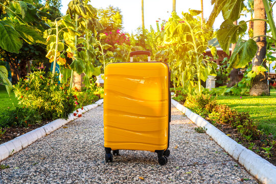 Yellow suitcase a tropical garden path surrounded by lush green vegetation and exotic plants, travel and vacation concept in paradise setting.