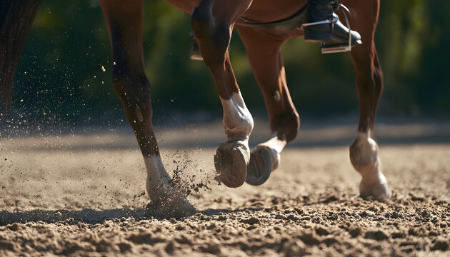 The rider's foot support sits in the stirrup area of the metal bays as the horse trots across a sandy arena. An equine athlete engages in dressage exercises outdoors. A skilled sport horse executes mo