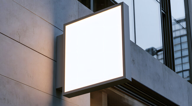 A minimalist, blank, white, illuminated rectangular sign template set against a concrete facade. A clean, modern lightbox signboard with space designated for logos and text. Perfect for urban retail s