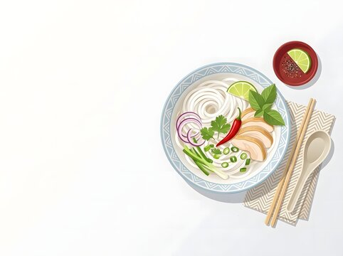 Flat vector illustration of Vietnamese Pho noodle soup with chicken slices, rice noodles, fresh basil, cilantro, chili, and lime in a blue bowl with chopsticks and copy space.