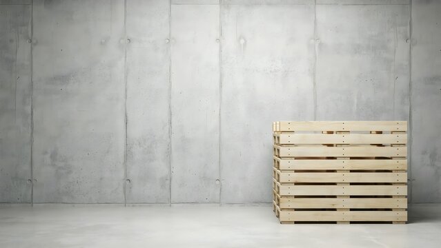 Empty Wooden Pallet Stack on Concrete Floor Against Plain Wall in Warehouse