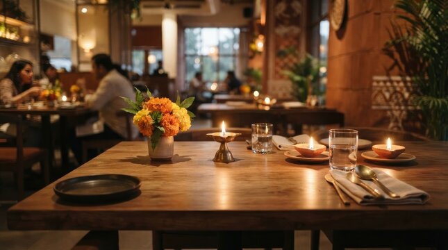 Flower vase and oil lamp on restaurant wooden table for festive dining atmosphere in traditional indian setting vibe.