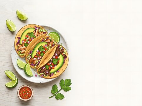 Vector illustration of three street tacos on a ceramic plate featuring avocado slices, pico de gallo, and fresh cilantro, served with lime wedges and salsa on a white surface.