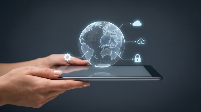 Hands holding a tablet projecting a holographic wireframe globe connected to cloud and security icons.