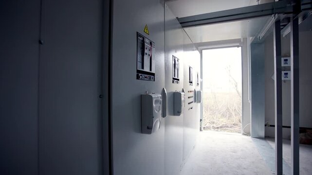 High-voltage switchboards fill substation interior. Electrical controls meters and warning symbols support reliable power distribution