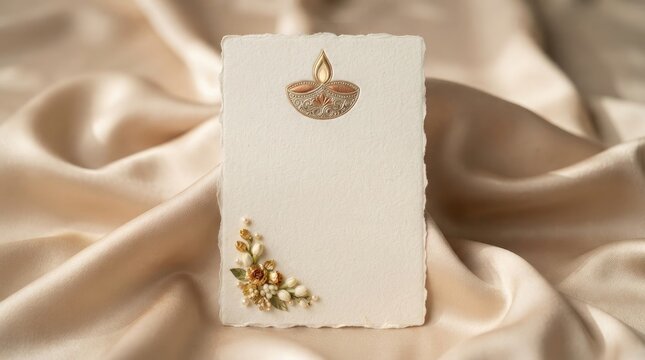 Blank card with diwali diya motif and jasmine flowers on silk fabric for festive greeting or wedding invitation use.