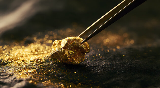 Metal tweezers pick up small raw gold nugget from a dark stone surface. Shiny gold ore with golden dust particles glimmers under bright light. A macro shot of precious mineral treasure for mining weal