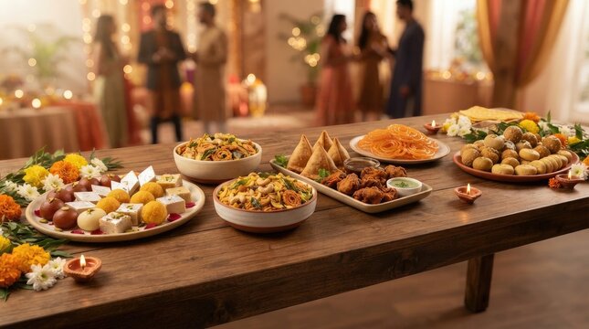 Indian festive food spread featuring sweets snacks and savories arranged on wooden table for diwali party gathering.