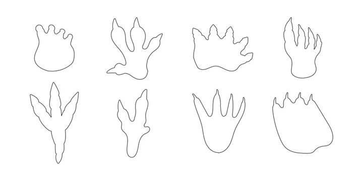 Outline Dinosaur Footprint Paw Set. Dino Dragon Print Foot Paw Bundle. Dinosaur Footprint Track Kit. Doodle Vector Illustration for Coloring Page