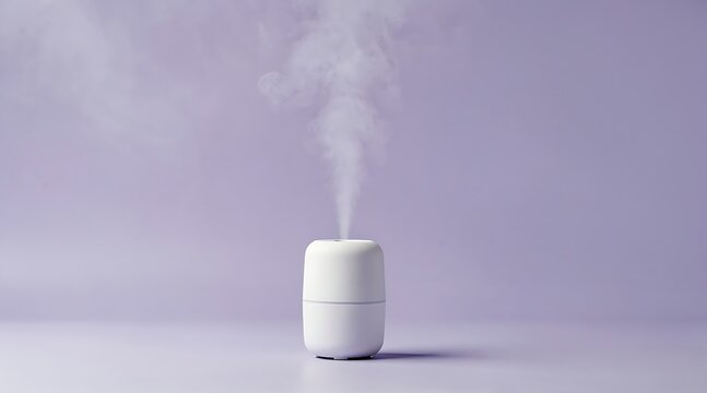 White electronic aroma diffuser releasing cool mist into the air against a minimalist solid purple background.