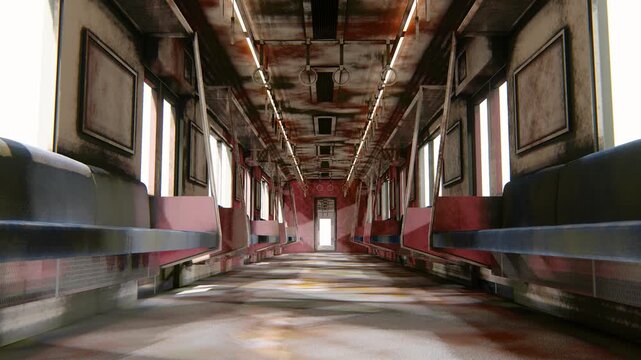 廃墟化した恐怖の電車内、錆びた車両の3DCGホラーアニメーション