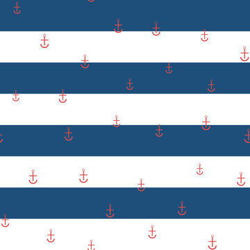 Seamless nautical pattern with red anchors on navy stripes